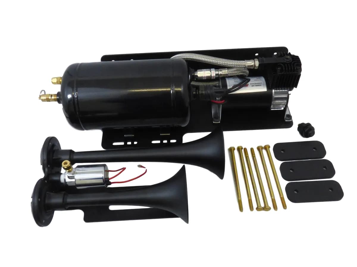 Onboard Air System w/Horns; Includes Dual Black Horns PN[101]/ 130 PSI Air Compressor PN[6260RC]/ 0.7 Gallon Air Tank PN[6225RT];