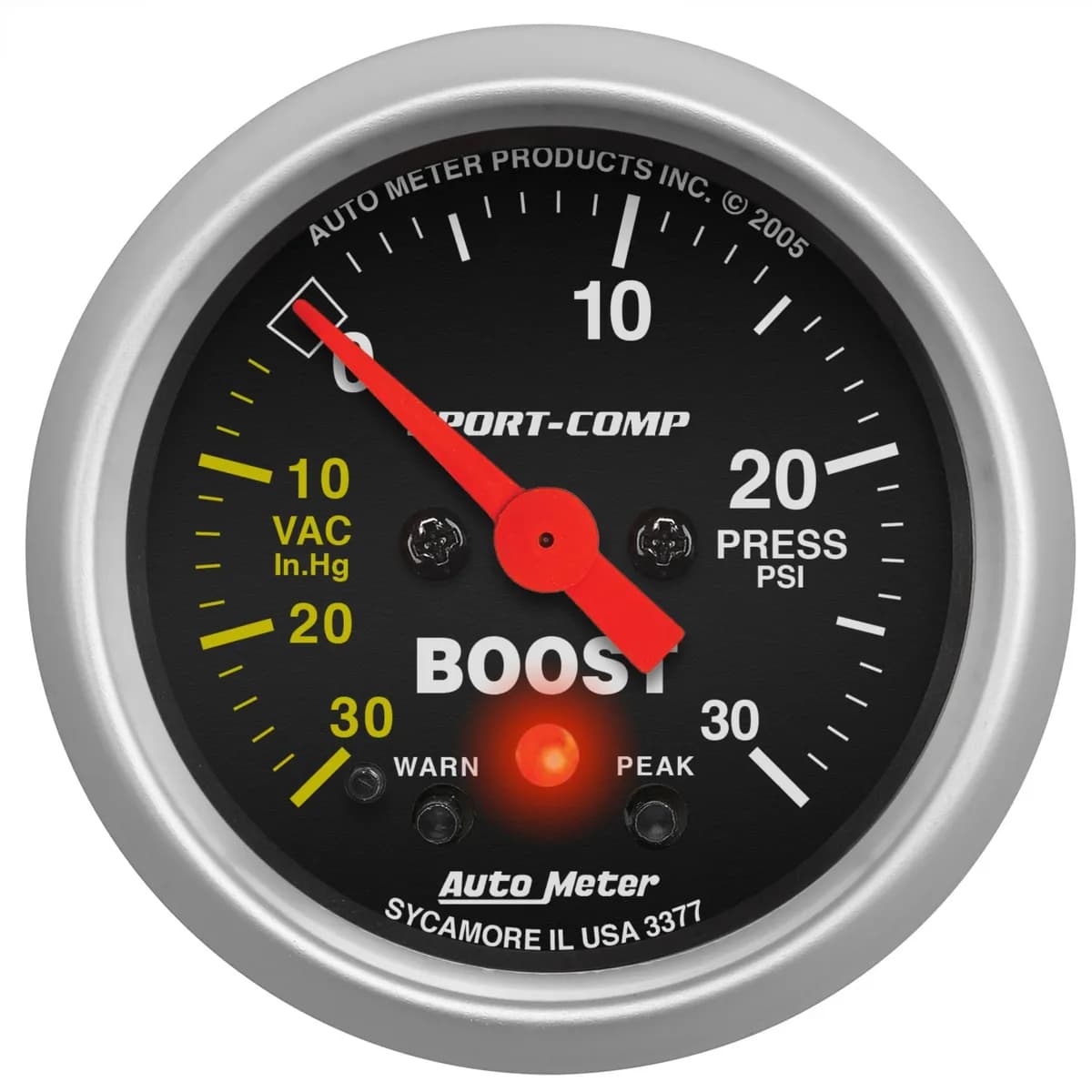 Gauge, Vac/Boost, 2 1/16", 30inHG-30psi, Stepper Motor w/Peak & Warn, Sport-Comp