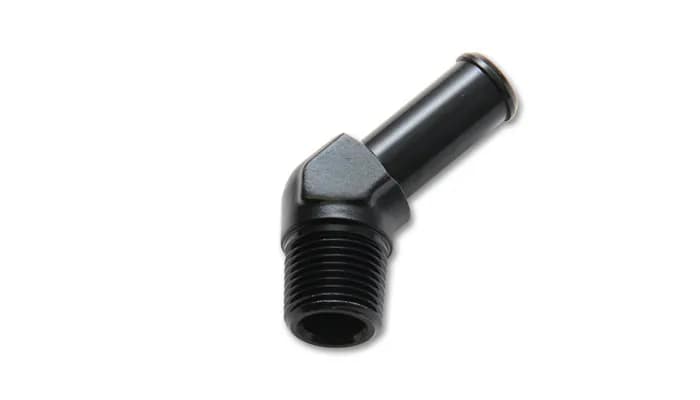 45 Degree NPT To Hose Barb Adapter Fitting; 0.25 in. NPT; 0.375 in. Hose; 6061 Aluminum; Black Anodized; Male;