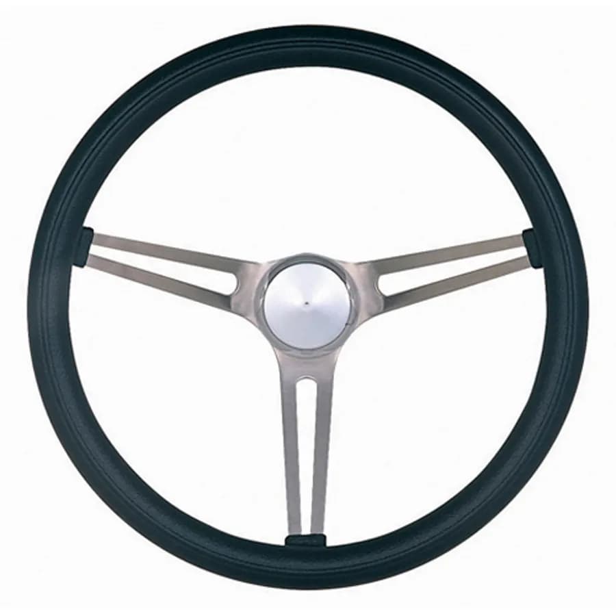 Classic Series Nostalgia Steering Wheel; 15 in. Diameter; 4 1/8 in. Dish; Black Foam Grip; Brushed Stainless Steel 3-Spoke Design;