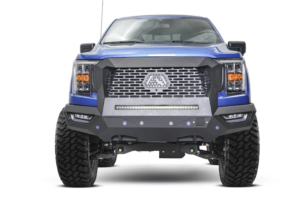 Grumper Front Bumper And Grille; Sensor Compatible; Black Matte Powder Coat; 175 lbs. Weight; 32 in. Height; 77.5 Width; 23.5 Depth;