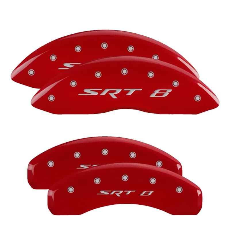 Set Of 4 Caliper Covers Engraved Front And Rear Srt8 Red Finish Silver Characters 2011-2011 Jeep Grand Cherokee MGP Caliper Covers