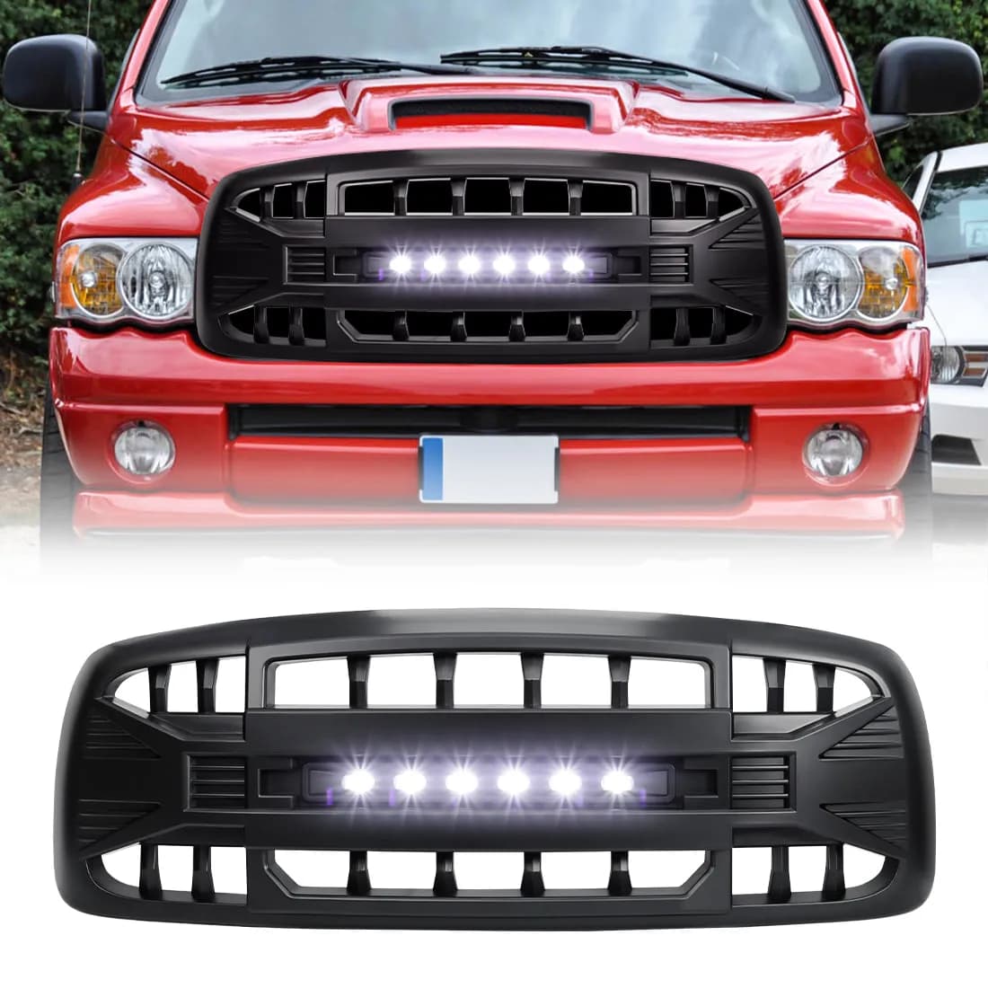 Armor Grille W/ Off-Road Lights - Matte Black For 2002-2005 Dodge Ram 1500/ 2500/ 3500