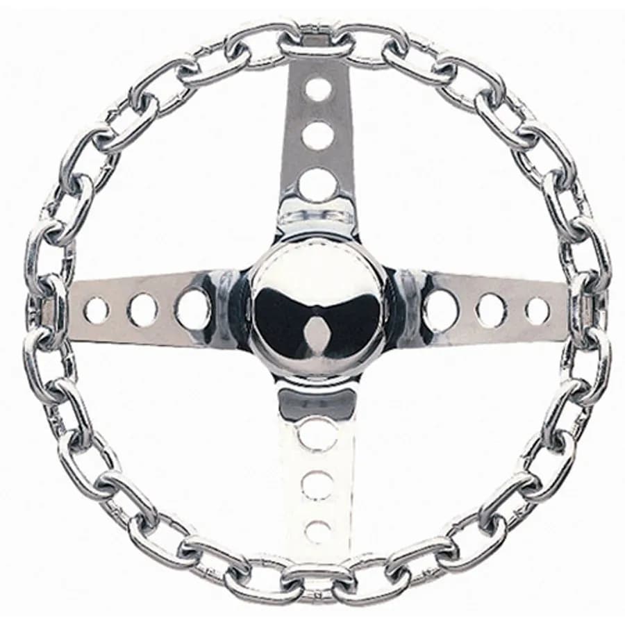 Classic Series Chain Steering Wheel; 11 in. Diameter; 3 1/2 in. Dish; Chrome Chain Grip; Chrome 4-Spoke Design;