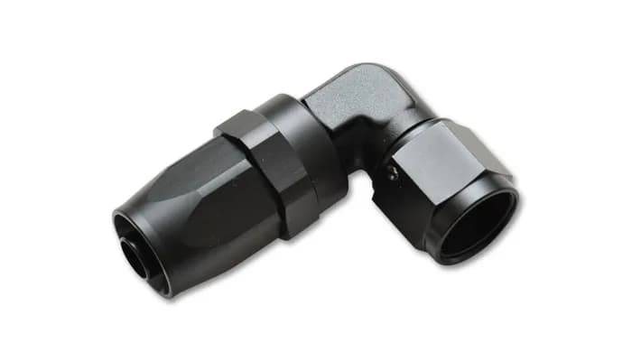 90 Degree Swivel Hose End Fitting; -10AN; 6061 Aluminum; Black Anodized; Elbow Forged;