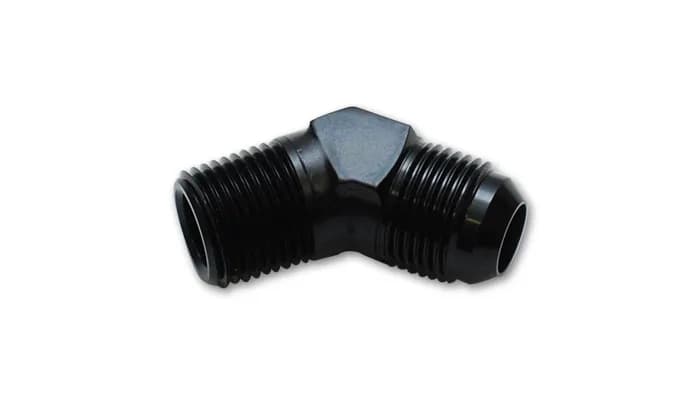 45 Degree AN to NPT Adapter Fitting; -10AN x 0.5 in. NPT; 6061 Aluminum; Black Anodized;