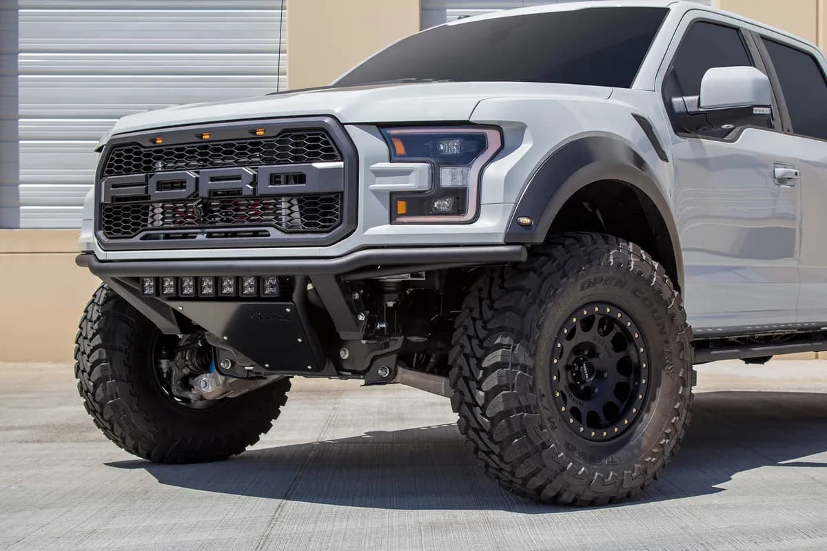 2017 Ford F-150 Rapter ADD PRO Front Bumper Bumper Color Hammer Black Panel Color Satin Black Center Mount 20 Radius Light Bar Up to 7 Cube Lights Universal Mount