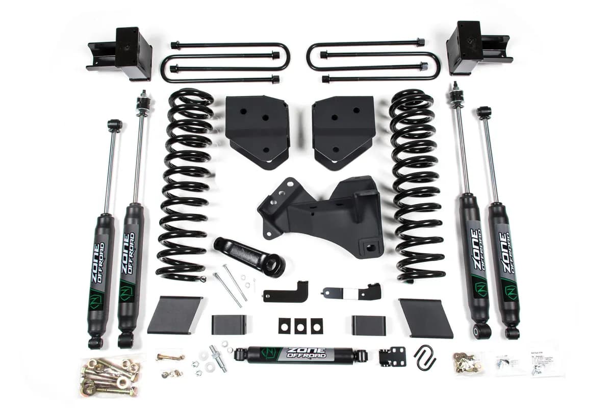 17-19 Ford F-250/350 Super Duty 4 Inch Lift Kit 2 Inch Rear Block Gas 3 Leaf Main Nitro Shocks Zone Offroad