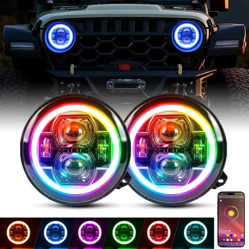 "9"" LED RGB Jeep Headlights with White Halo for 2018-2026 Wrangler JL & Gladiator JT"