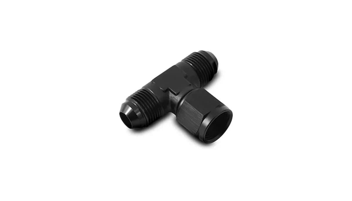 Tee Adapter Fitting; -6AN; 6061 Aluminum; Black Anodized; w/Female -6AN Swivel On Side;