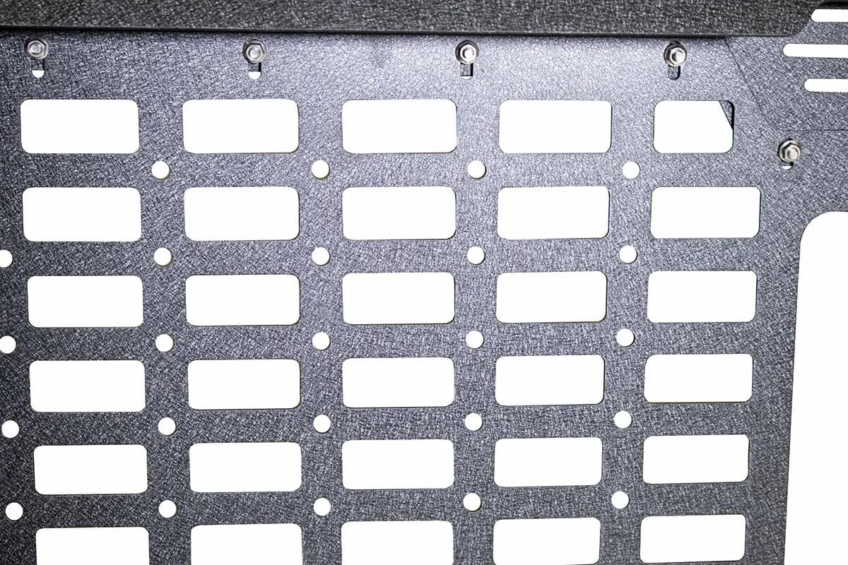 Black textured powder coat, 10-Gauge steel, Stainless Steel hardware,