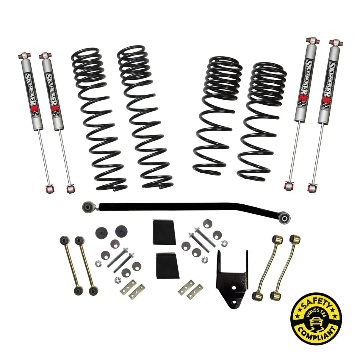 Suspension Lift Kit w/Shock 3.5-4 Inch Lift 18-19 Jeep Wrangler Unlimited Rubicon Incl. Ft. And R. Dual Rate/Long Travel Series Coil Springs Extended Sway Bar End Links Grade 8 Mounting Hdwr M95 Monotube Shocks Skyjacker