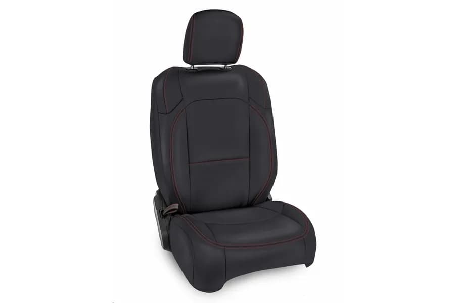Front Seat Covers For 18-24 Jeep Wrangler JL 2 Door with Pocket Back Pair Black with Red Stitching PRP Seats