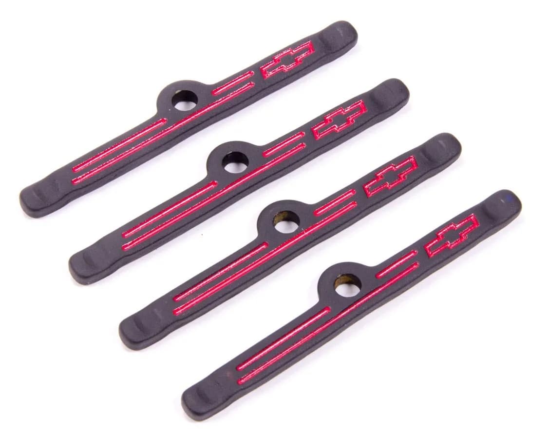 Engine Valve Cover Holdown Clamps Black Crinkle w/Bowtie Logo SB Chevy 4 Pcs Red Lines & Bowties Chevrolet Performance Parts
