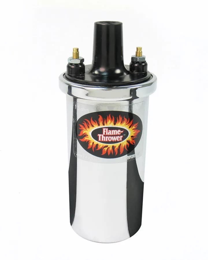 Coil - Pertronix Flame-Thrower Coil. 40,000-Volt Rated With 1.5-Ohms of Resistance. Chrome Oil Filled Canister Style.