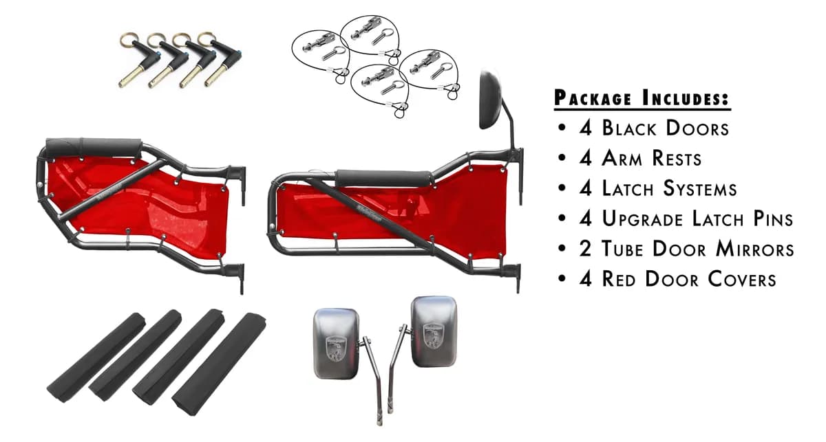 Doors 2007-2018 Trail, Tubular Style Kit, Front and Rear Black Doors - Red Covers