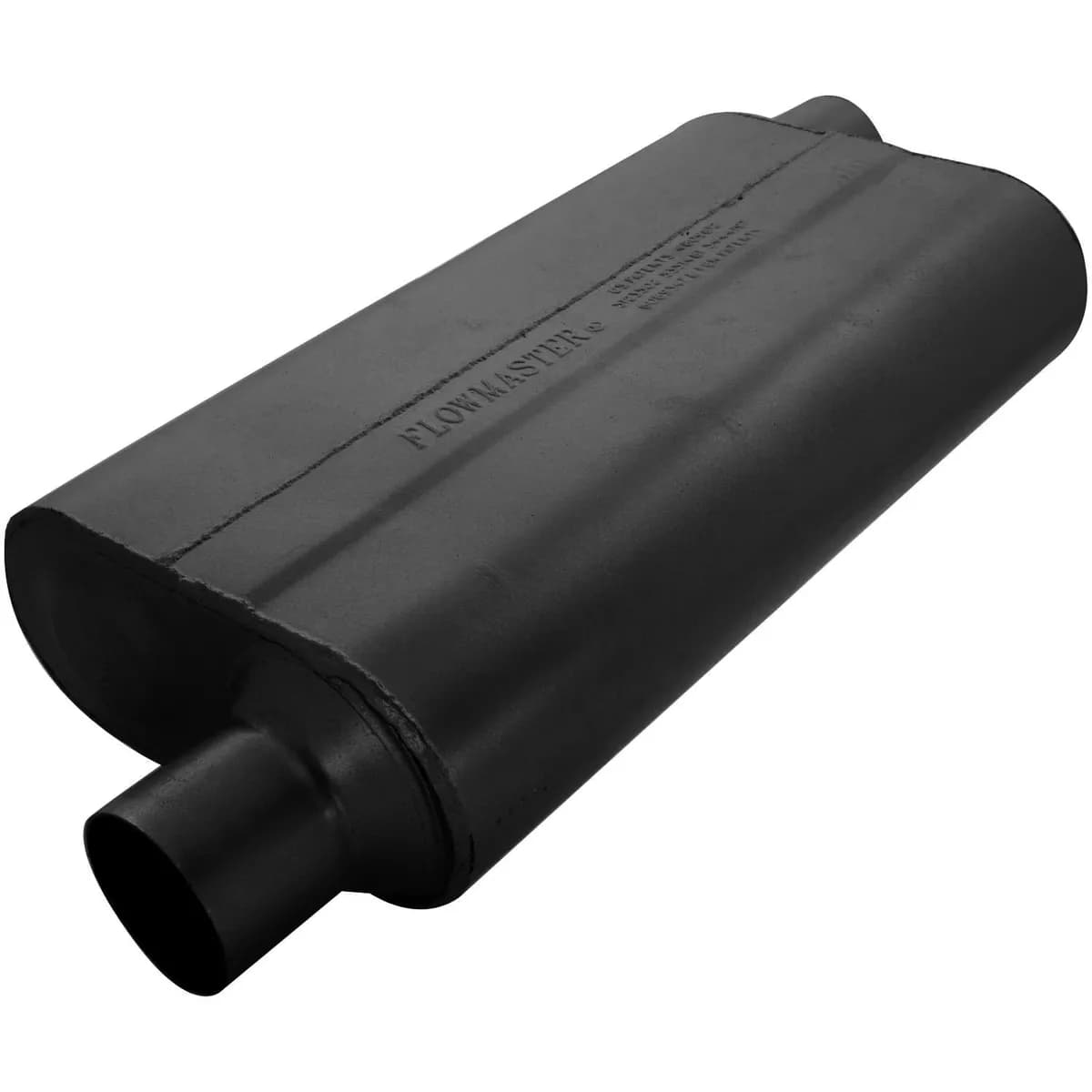 50 Series Delta Flow Muffler 2.50in IN (O) / OUT (O) Opposite Side Offsets: ea 16 Gauge Aluminized Steel