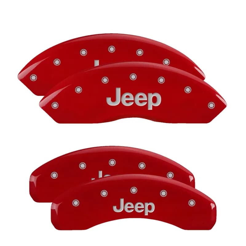 Set Of 4 Caliper Covers Engraved Front And Rear Jeep Red Finish Silver Characters 2007-2018 Jeep Wrangler MGP Caliper Covers