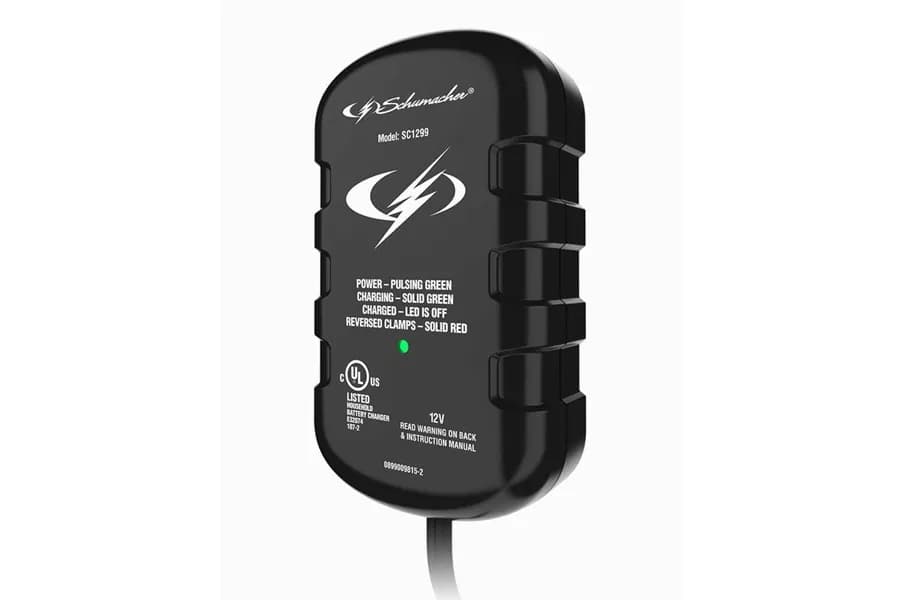 Schumacher Electric 0.8A Car Battery Charger and Maintainer, 2-in-1 Solution, For 12V Power Sport, Automotive, and Marine Batteries, SC1299