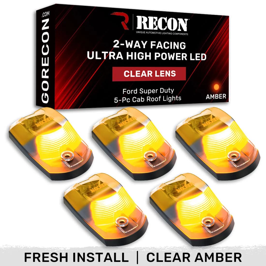 Ford 17-23 Superduty 5-Piece Set Clear Cab Roof Light Lens With 2-Way Forward Rear Facing Amber Ultra High-Power Leds - Attn This Cab Light Set is For a Fresh Install on a Truck That Did Not Come With OEM Cab Roof Lights no Square Hole Required - on