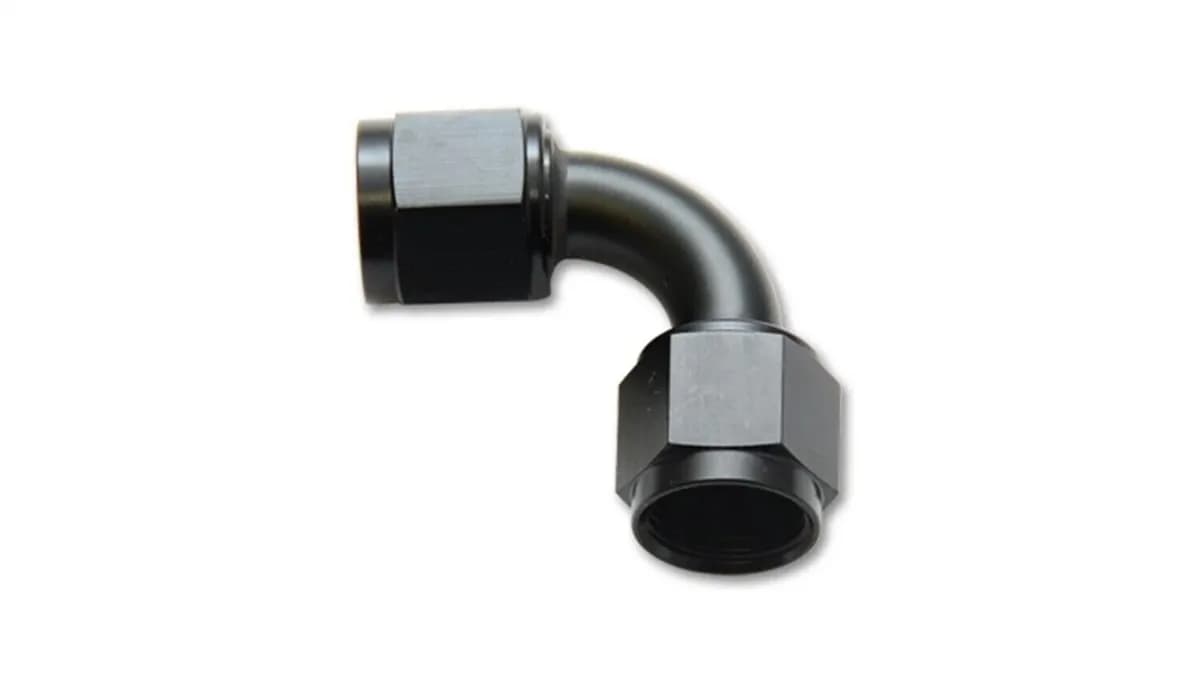Female 90 Degree Union Adapter Fitting; -6AN x -6AN; 6061 Aluminum; Black Anodized;