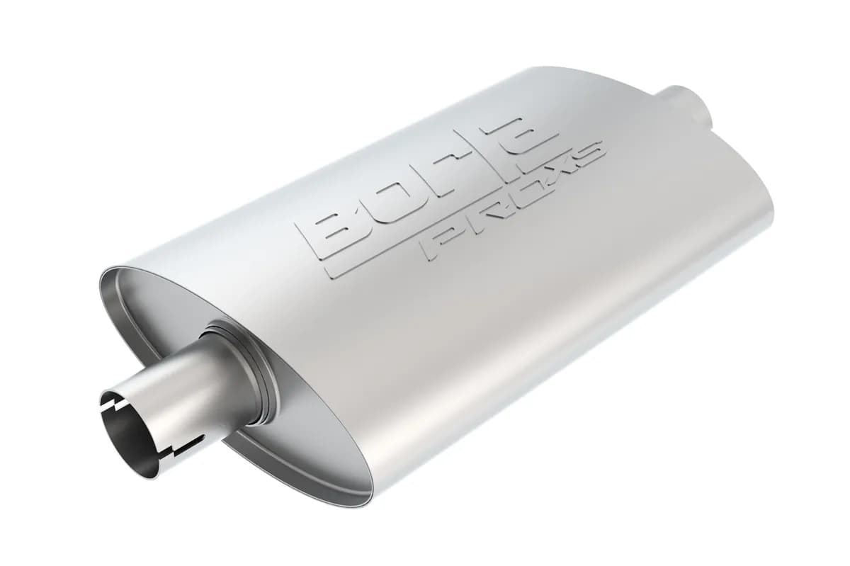 Borla Pro XS Muffler CenterCenter Oval Body 2 in. Inlet 2 in. Outlet 19 in. x 4 in. x 9.5 in. Body Size 24 in. Overall Length Notched T304 Stainless Steel