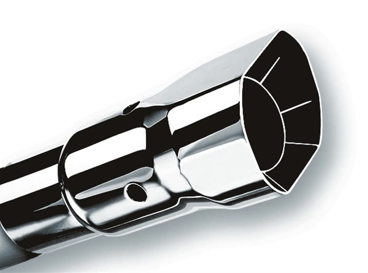 Universal Exhaust Tip 2.5 in. Inlet 2.88 in. x 3.38 in. Sq. Outlet 9 in. Length Set Screw Included Single Square Angle Cut Intercooled Polished Stainless Steel