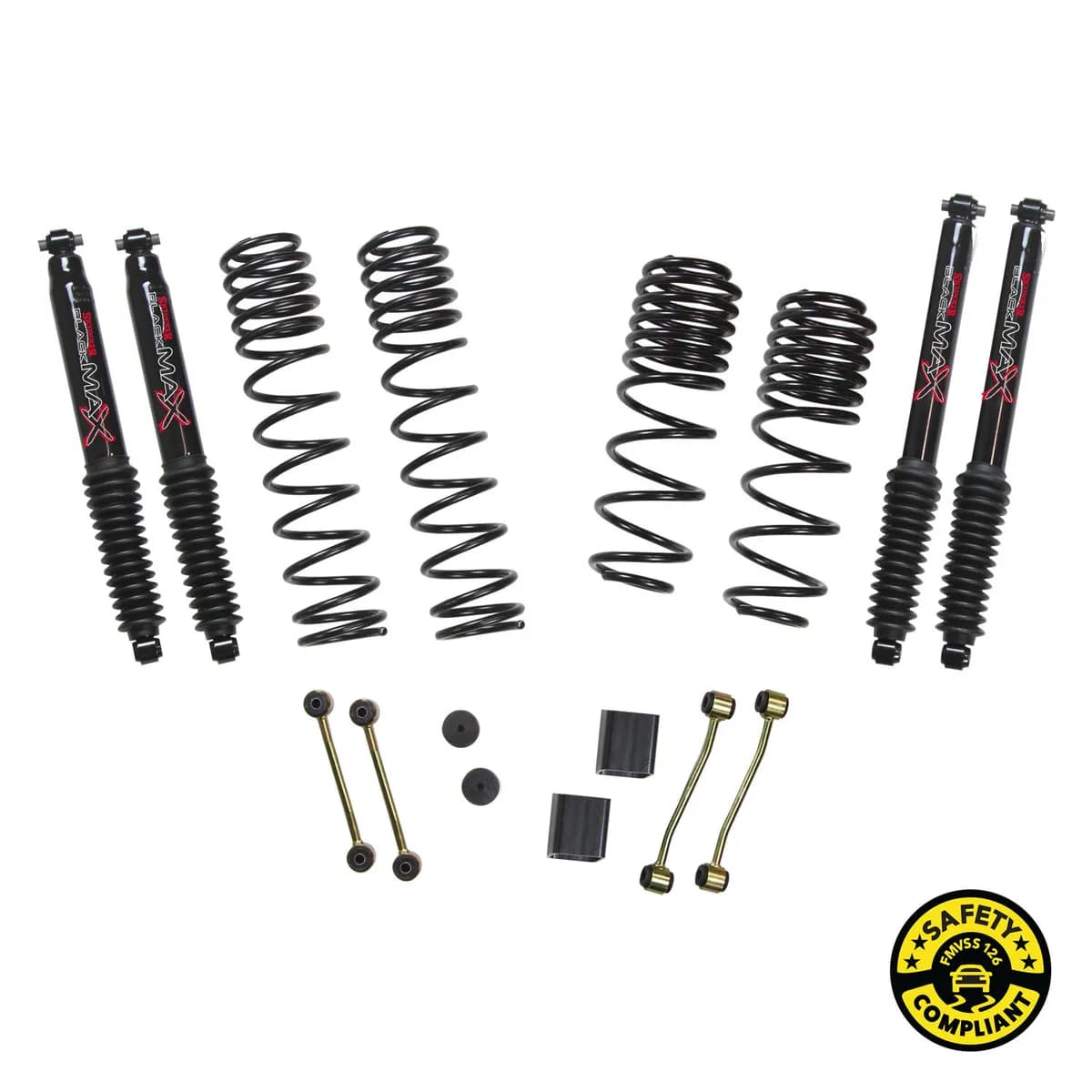 Suspension Lift Kit w/Shock 2-2.5 Inch Lift 18-19 Jeep Wrangler Unlimited Rubicon Incl. Frt. And Rear Dual Rate/Long Travel Series Coil Springs Extended Sway Bar End Links Grade 8 Mounting Hdwr Black MAX Shocks Skyjacker