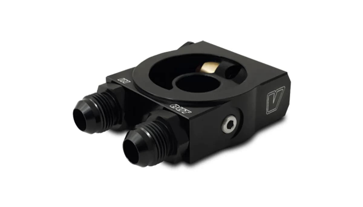 Thermostatic Oil Cooler Adapter; -10AN Inlet/Outlet ID; 6061 Aluminum; Black Anodized; Sandwich Adapter w/o Spacer;