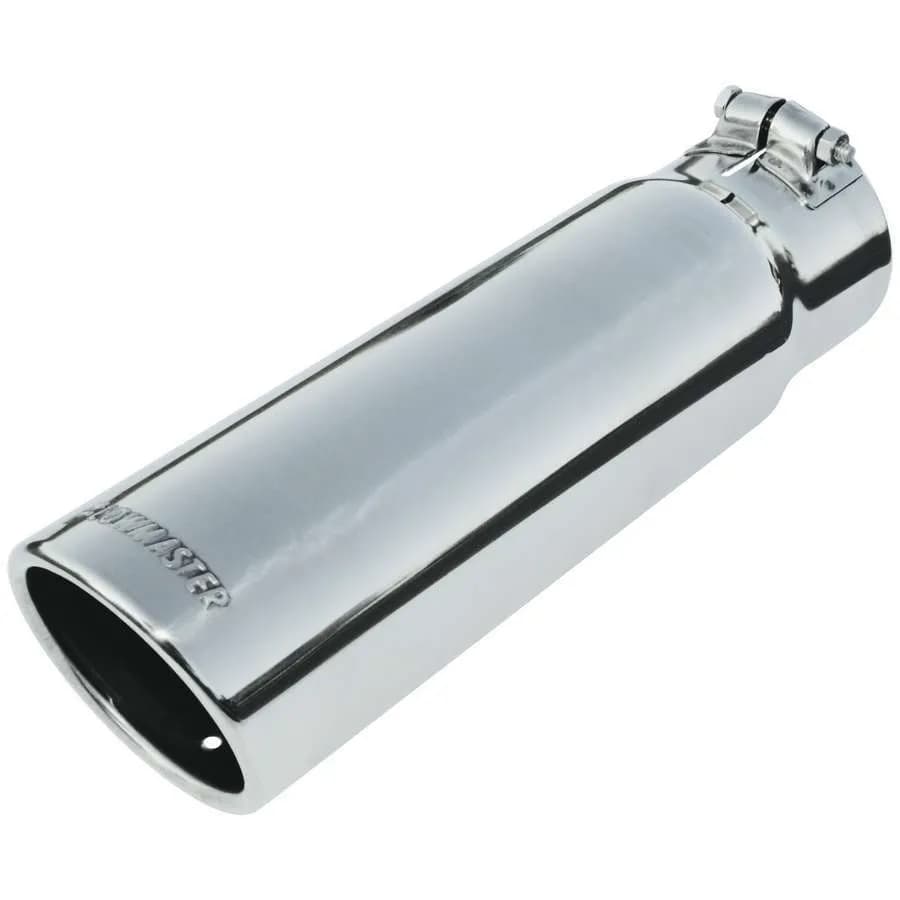 Exhaust Tip, Logo Embossed Polished Stainless, Rolled Edge Angle Cut, 3.50" Tip dia. x 3.00" Pipe dia. x 12.00" Length, Clamp On: ea