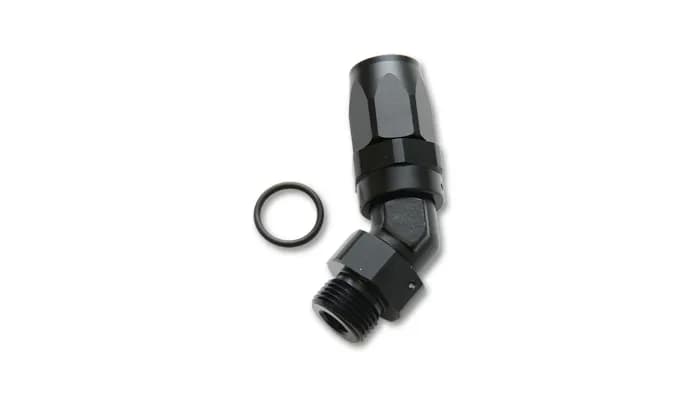 45 Degree Hose End Fitting; -16AN Hose Size; -16AN Male ORB Thread Size; [16] Thread; 6061 Aluminum; Black Anodized;