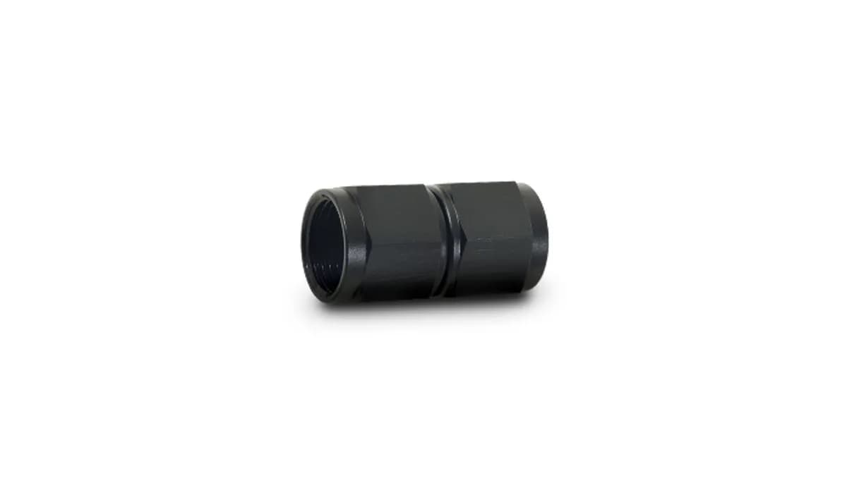 Female Straight Union Adapter Fitting; -8AN x -8AN; 6061 Aluminum; Black Anodized;