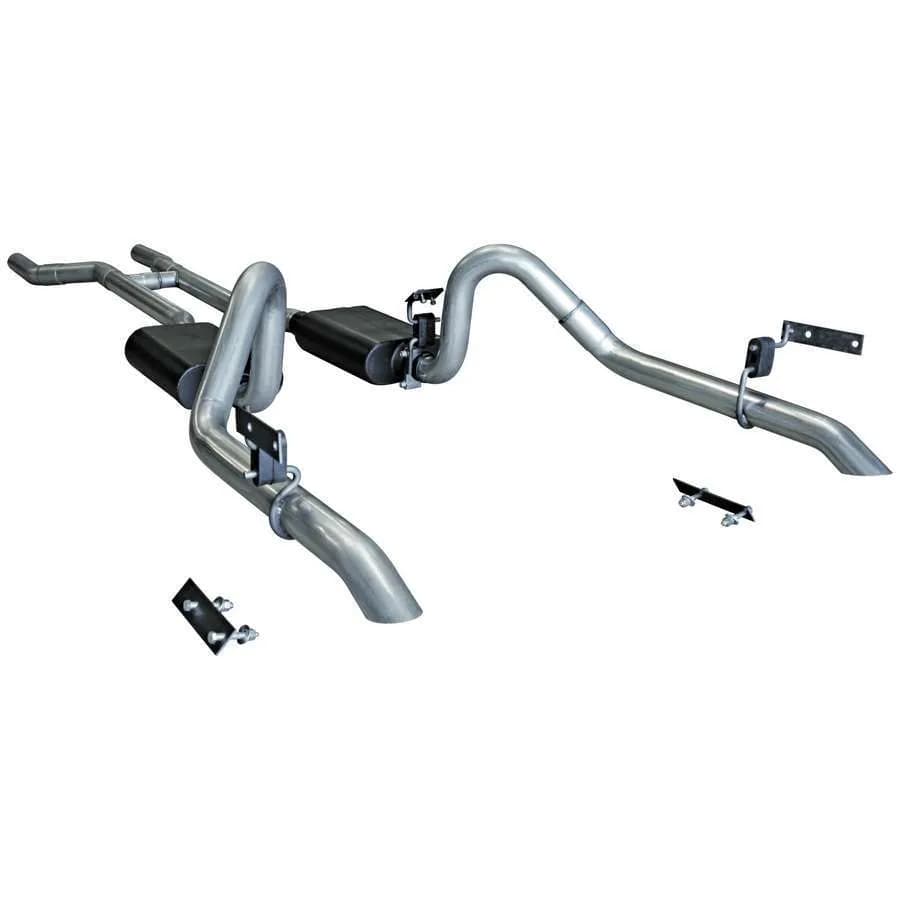 67-70 Ford Mustang V-8 (Does Not Fit Convertibles or Staggered Shock Models) 2.50in Mandrel Bent Tubing From Trans X - Member Back Incl. H-Pipe Hardware Super 44 Series Mufflers American Thunder DOR Exits Turned Down Before Rear Valance 16 Gauge A