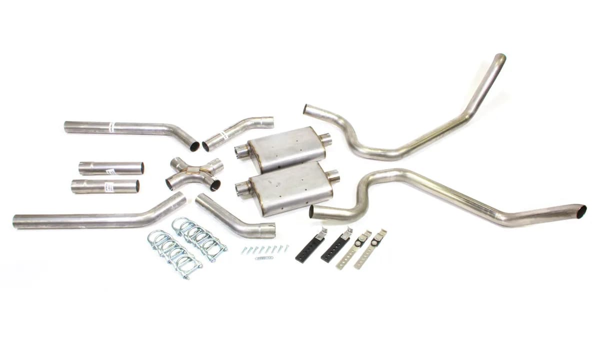 Cat Back Exhaust System 65-70 B-Body Split Side Dual Exit 2.5 in Intermediate And Tail Pipe Street Pro Muffler/Hardware Incl Tip Not Incl Natural Finish 409 Stainless Steel Pypes Exhaust