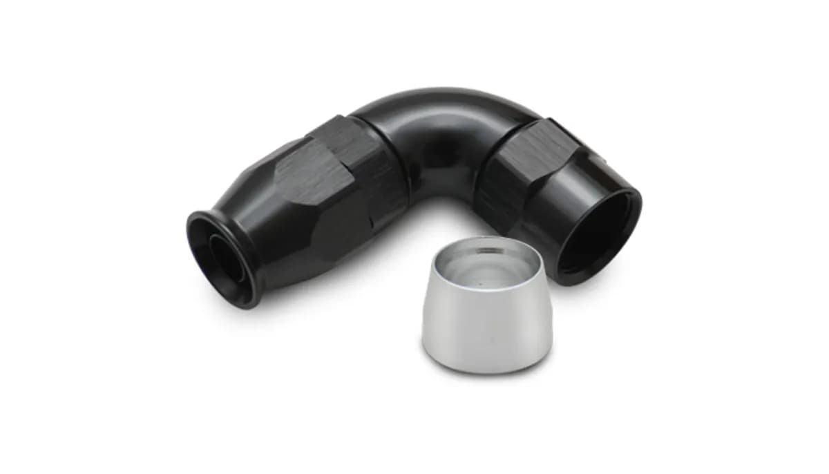 90 Degree High Flow Hose End Fitting; -12AN; 6061 Aluminum; Black Anodized; For PTFE Lined Hose;
