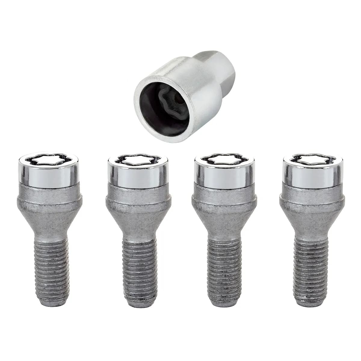 Wheel Lock Set M12x1.25 Bolt Cone Seat 19mm Hex 25.6mm Shank Chrome