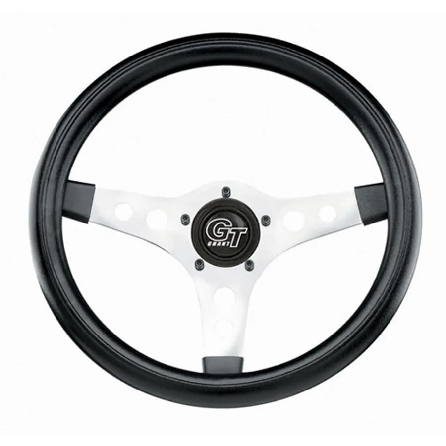GT Sport Steering Wheel; 13 in. Diameter; 3 1/2 in. Dish; Black Foam Hand Grip; Brilliant Chrome 3-Spoke Design;