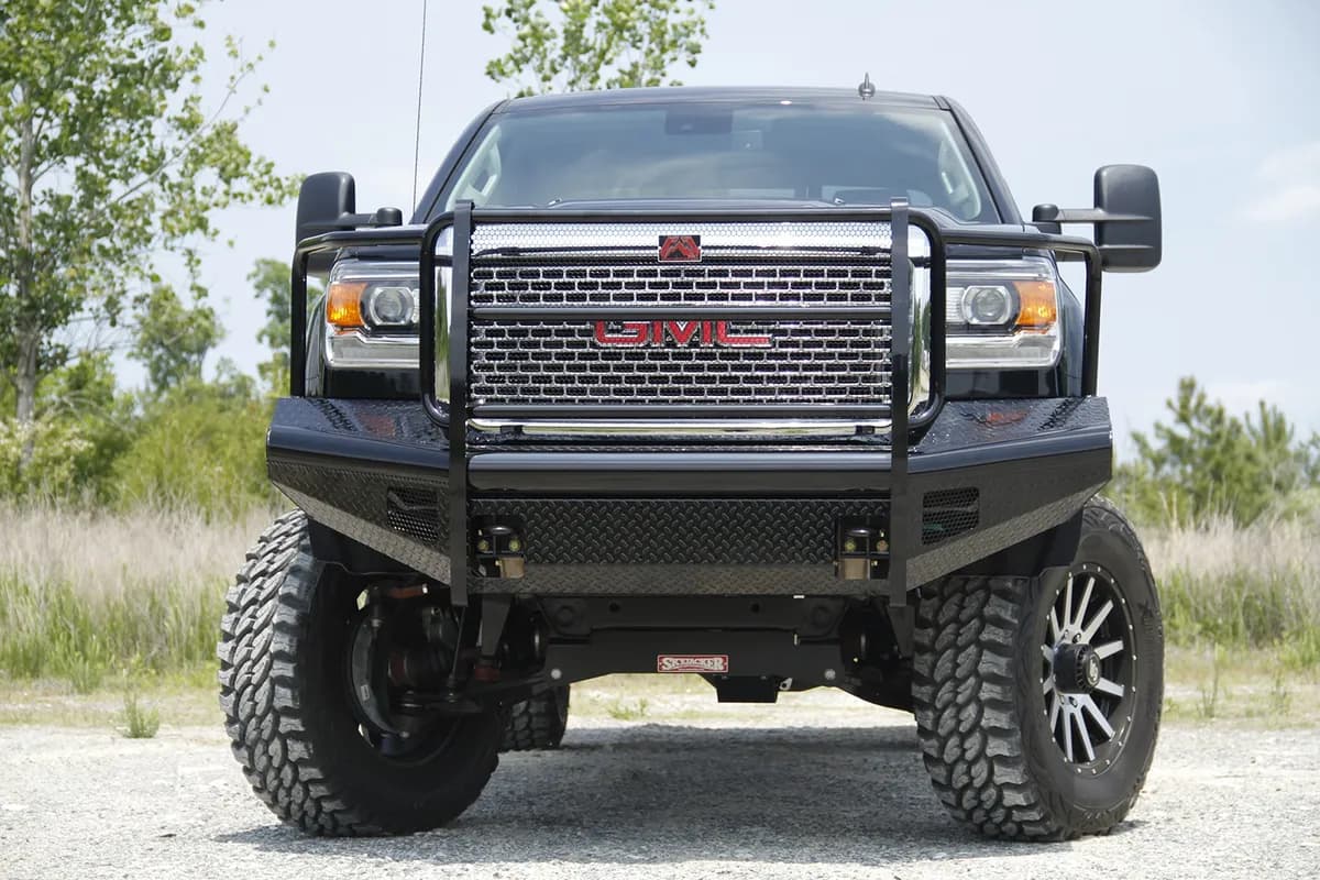 Black Steel Front Ranch Bumper; 2 Stage Black Powder Coated; w/Full Grill Guard And Tow Hooks;