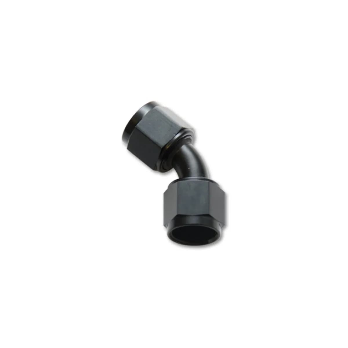 Female 45 Degree Union Adapter Fitting; -8AN x -8AN; 6061 Aluminum; Black Anodized;