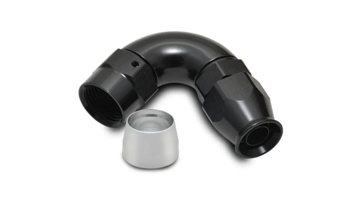 120 Degree High Flow Hose End Fitting; -12AN; 6061 Aluminum; Black Anodized; For PTFE Lined Hose;