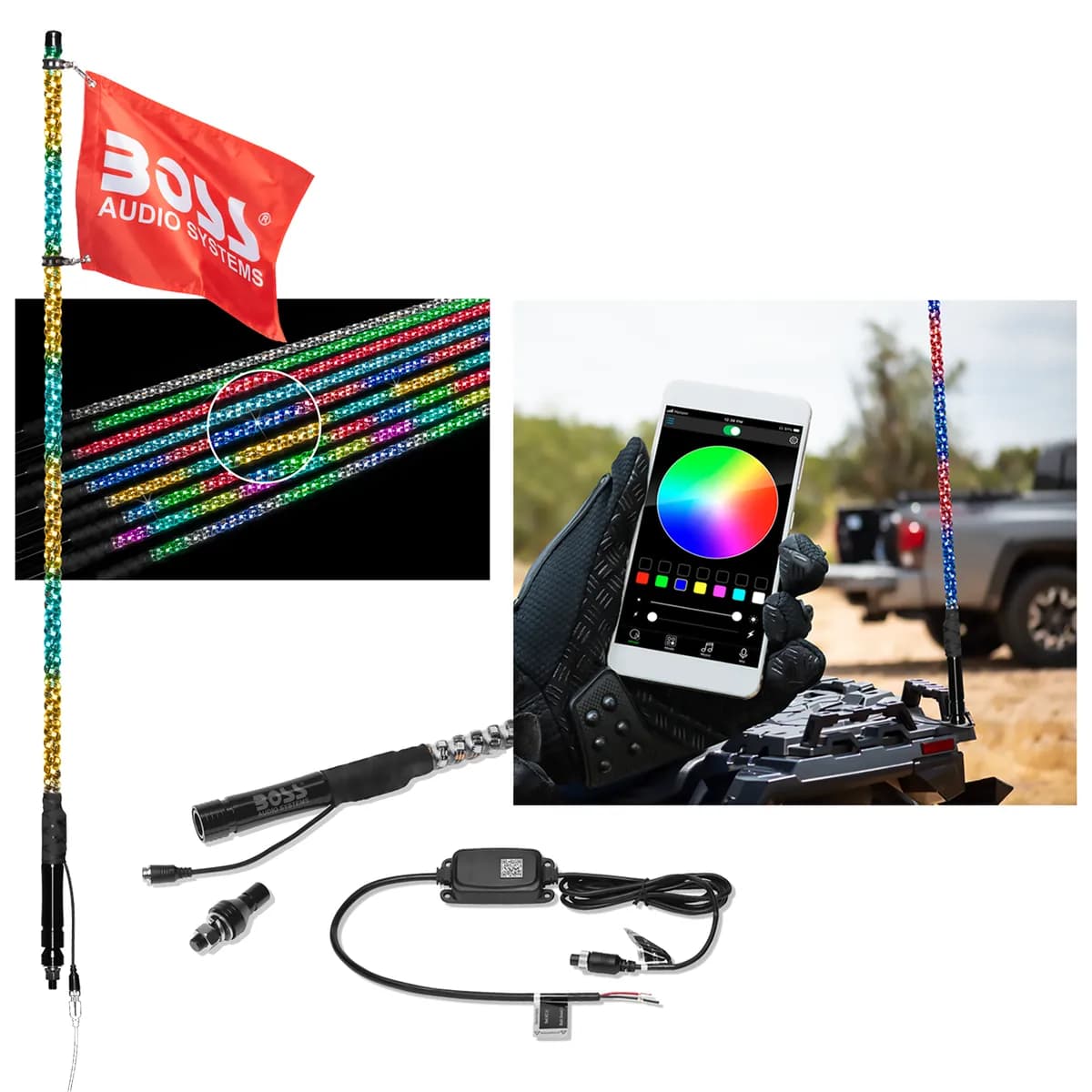 48in Long Changing RGB LED Wrapped Whip 360deg of Color Equals More Leds Lig