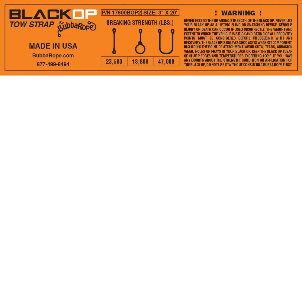 Bubba Rope 3 x 20' Black op Tow Strap
