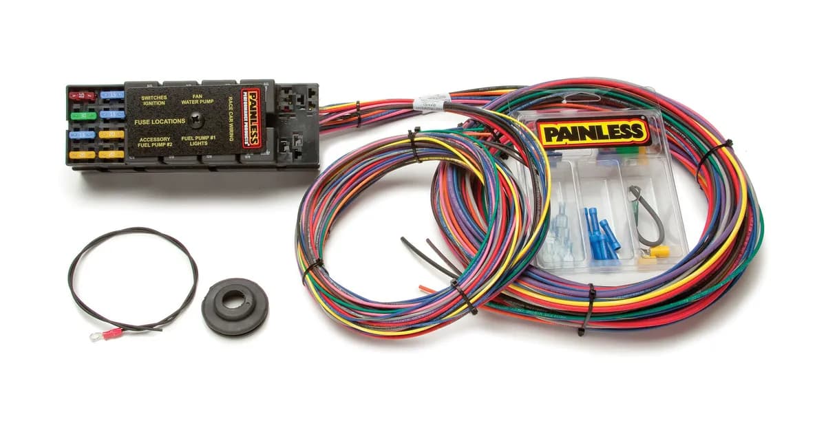 10 Circuit Race Only Chassis Harness; [8]Blade Fuses; [8]40A Relays; 15 ft. Wire Harness To Access./10 ft. Wire Harness To Switch Panel; Circuit Designations Printed On Wires;