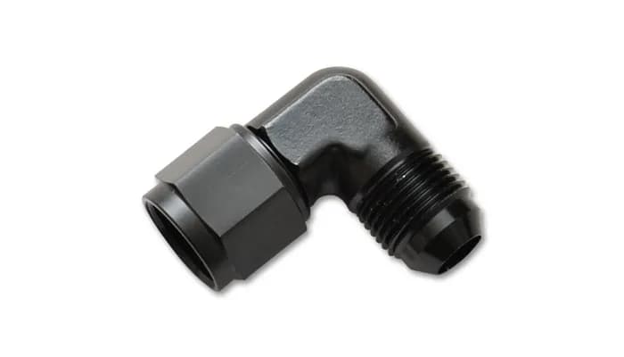 90 Degree Swivel Adapter Fitting; -6AN Female x -6AN Male; 6061 Aluminum; Black Anodized;