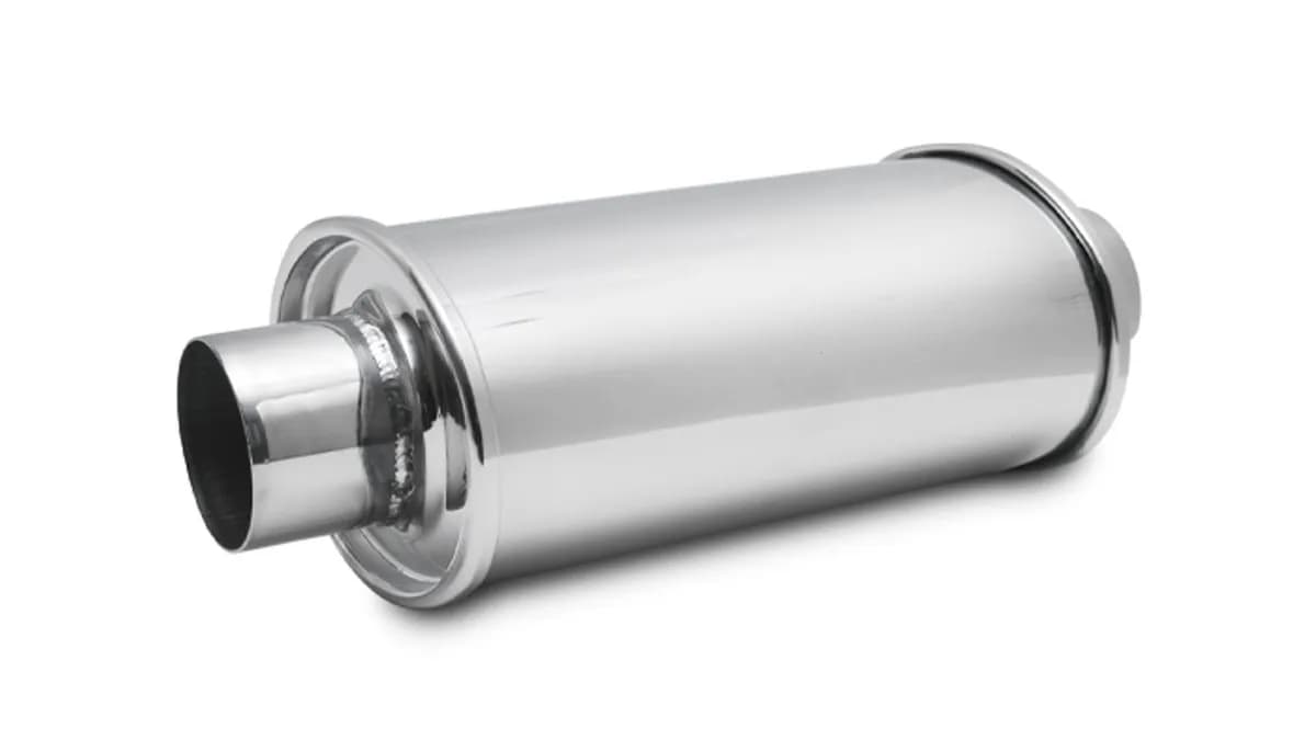Ultra Quiet Resonator; 2.75 in. Inlet ID; 2.75 in. Outlet ID; 4.75 in. H; 6.5 in. W; 9.75 in. Body L; 13.75 in. Overall L; Stainless Steel;