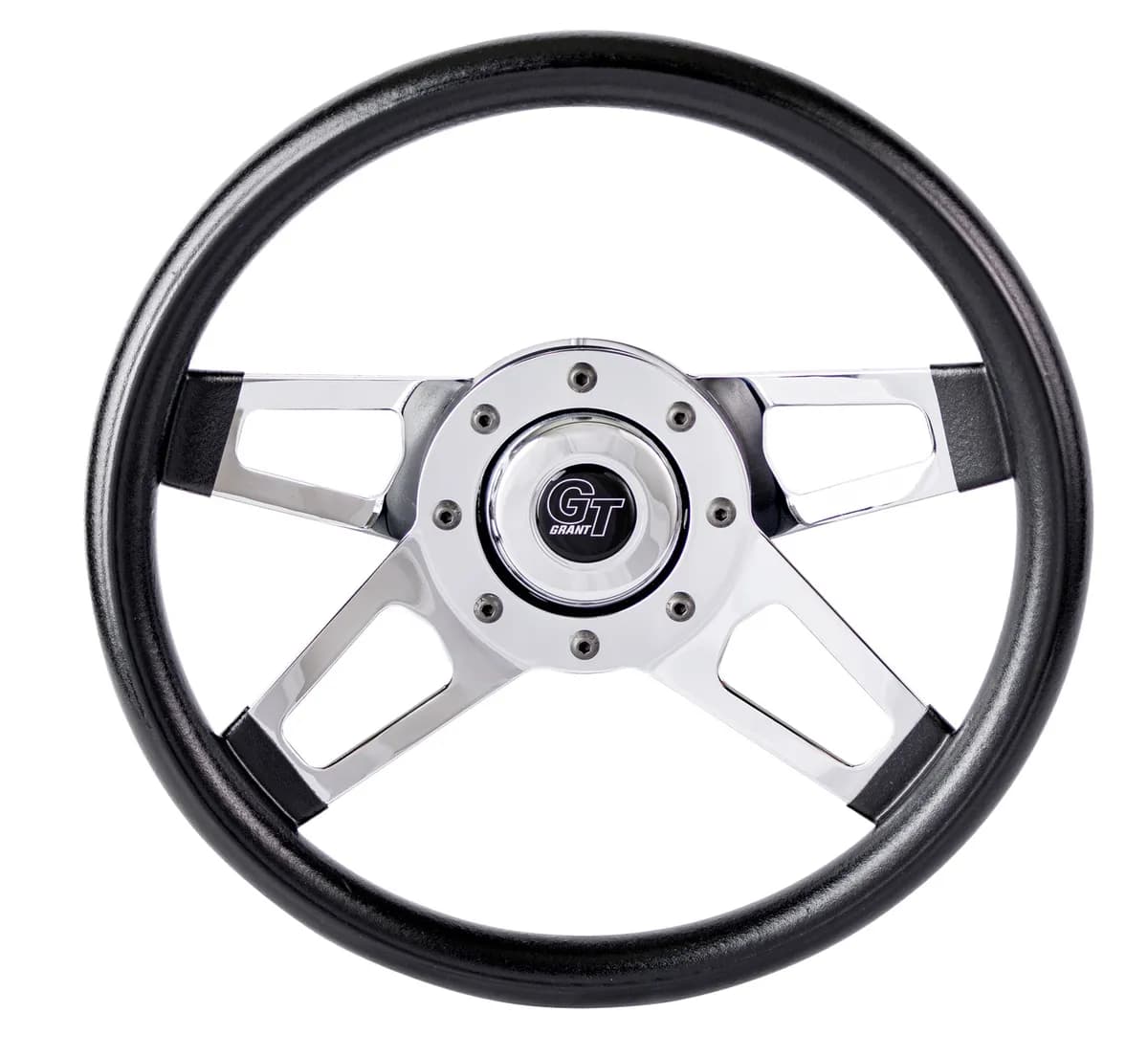 Challenger Steering Wheel; 13 1/2 in. Diameter; 3 in. Dish; Black Cushion Grip; Brilliant Chrome Dual Plane Spokes;