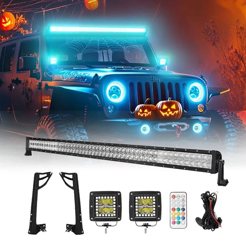 "52"" Rgbw Dual Row LED Light Bar & 2 RGB Pods & All Brackets For 2007-2018 Jeep Wrangler Jk"