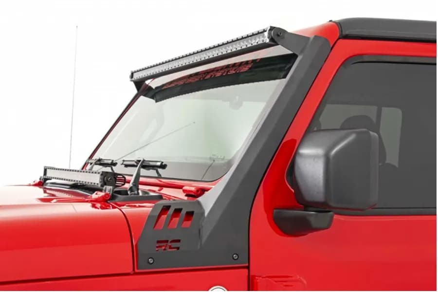 Rough Country Upper Windshield Kit w/ 50in Single-Row Black Series LED Light Bar - White DRL - JT/JL