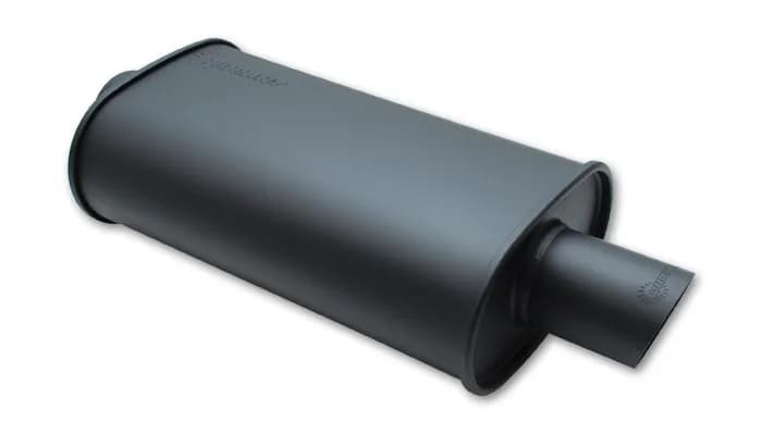 STREETPOWER Flat Black Oval Muffler; Single Angle Tip; 2.25 in. Inlet ID; 3 in. Tip OD; 5 in. H; 9 in. W; 4 in. Tip L; 15 in. Body L; 20 in. Overall L; Single Outlet;