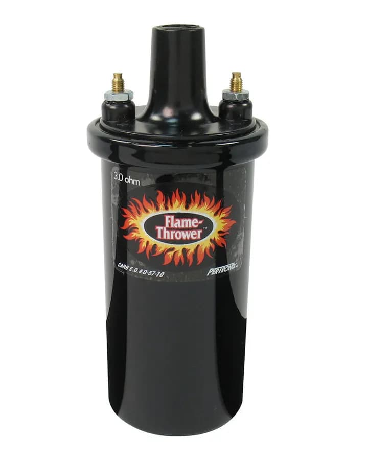 Coil - Pertronix Flame-Thrower Coil. 40,000-Volt Rated With 3.0-Ohms of Resistance. Black Oil Filled Canister Style.